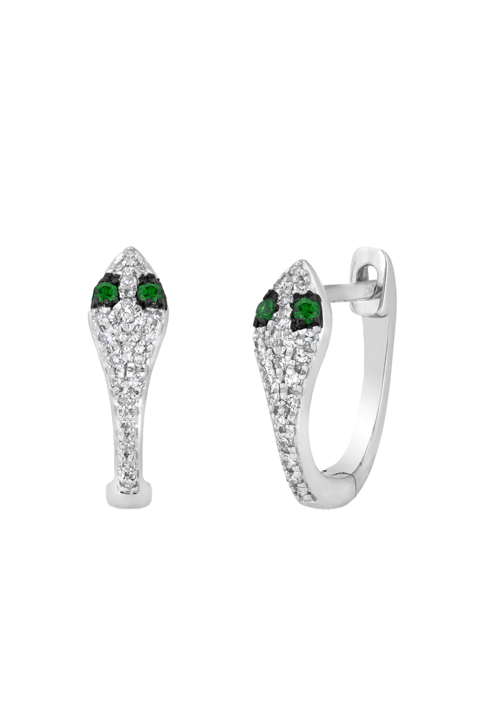 14KT White Gold Diamond Emerald Snake Huggie Earrings