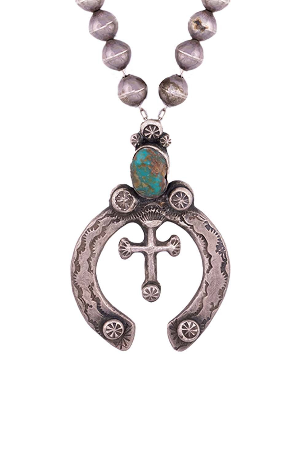 Silver Bead Turquoise Cross Naja Necklace