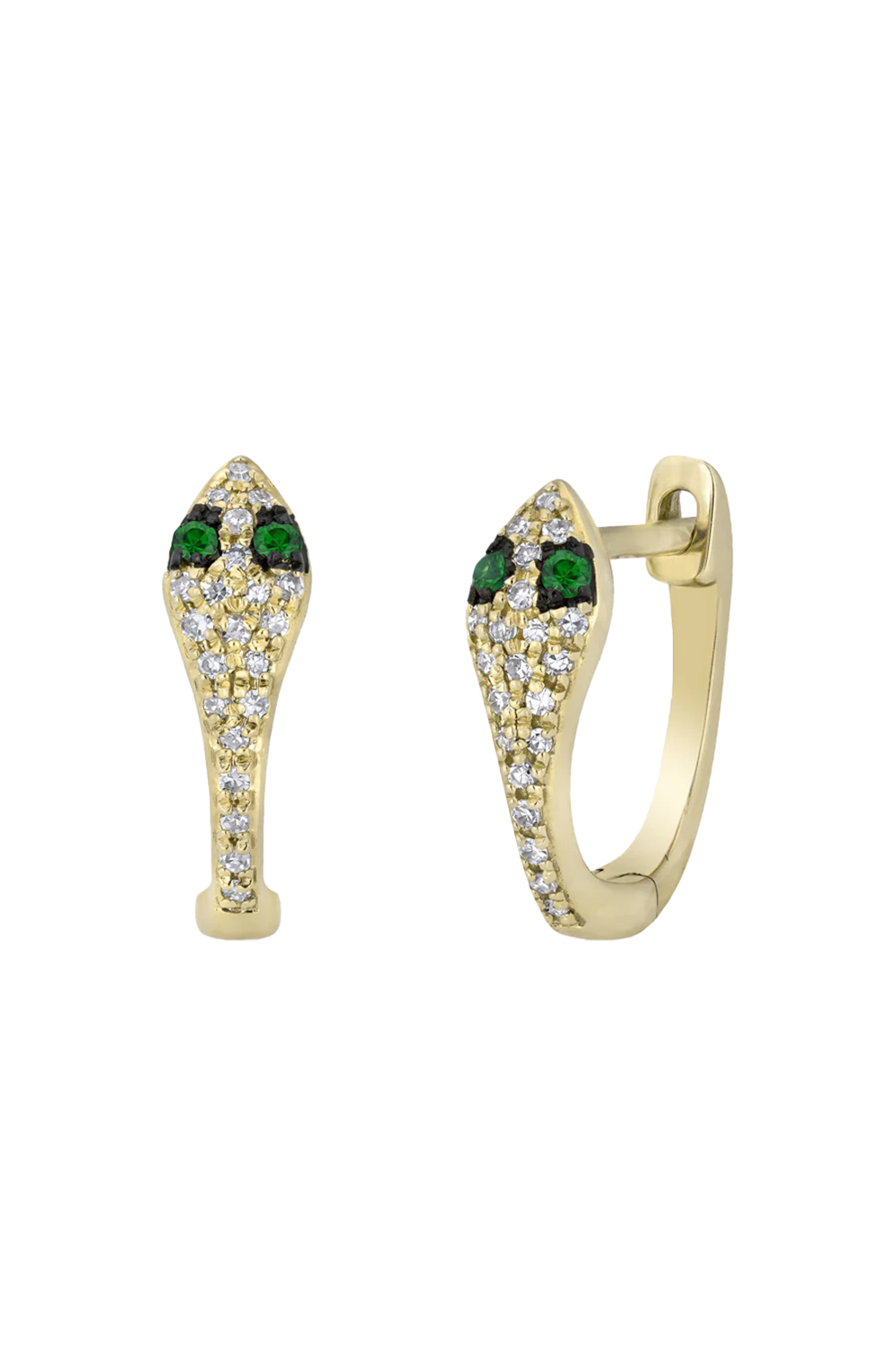 14KT Yellow Gold Diamond Emerald Snake Huggie Earrings