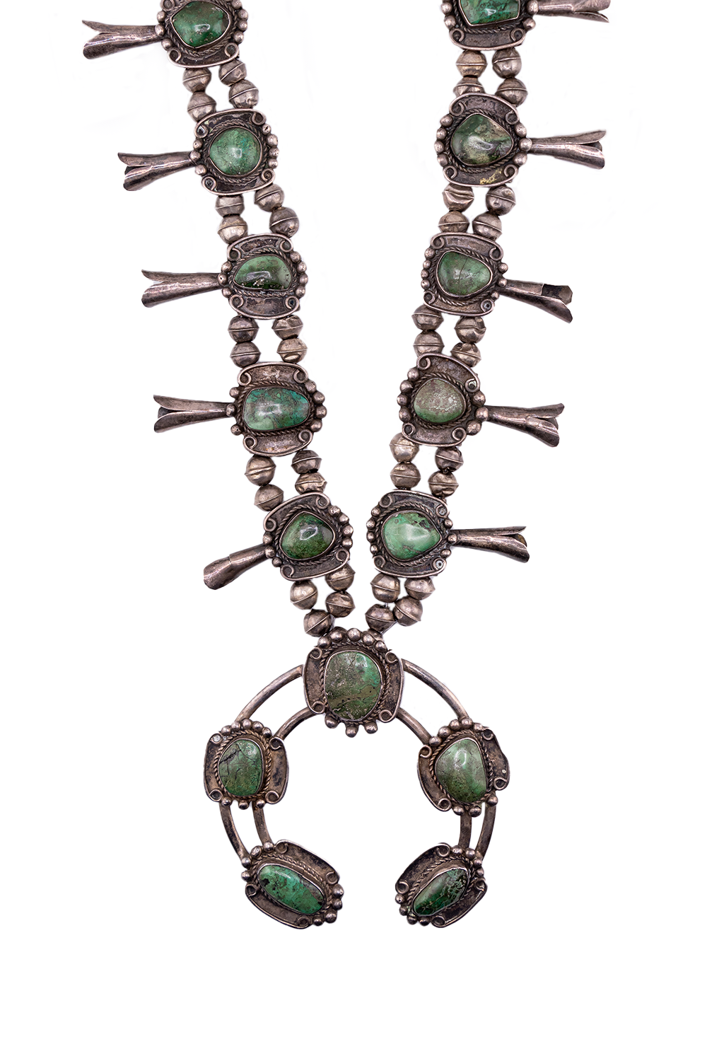 Very Old Navajo Carico Lake Turquoise Squash Blossom Necklace