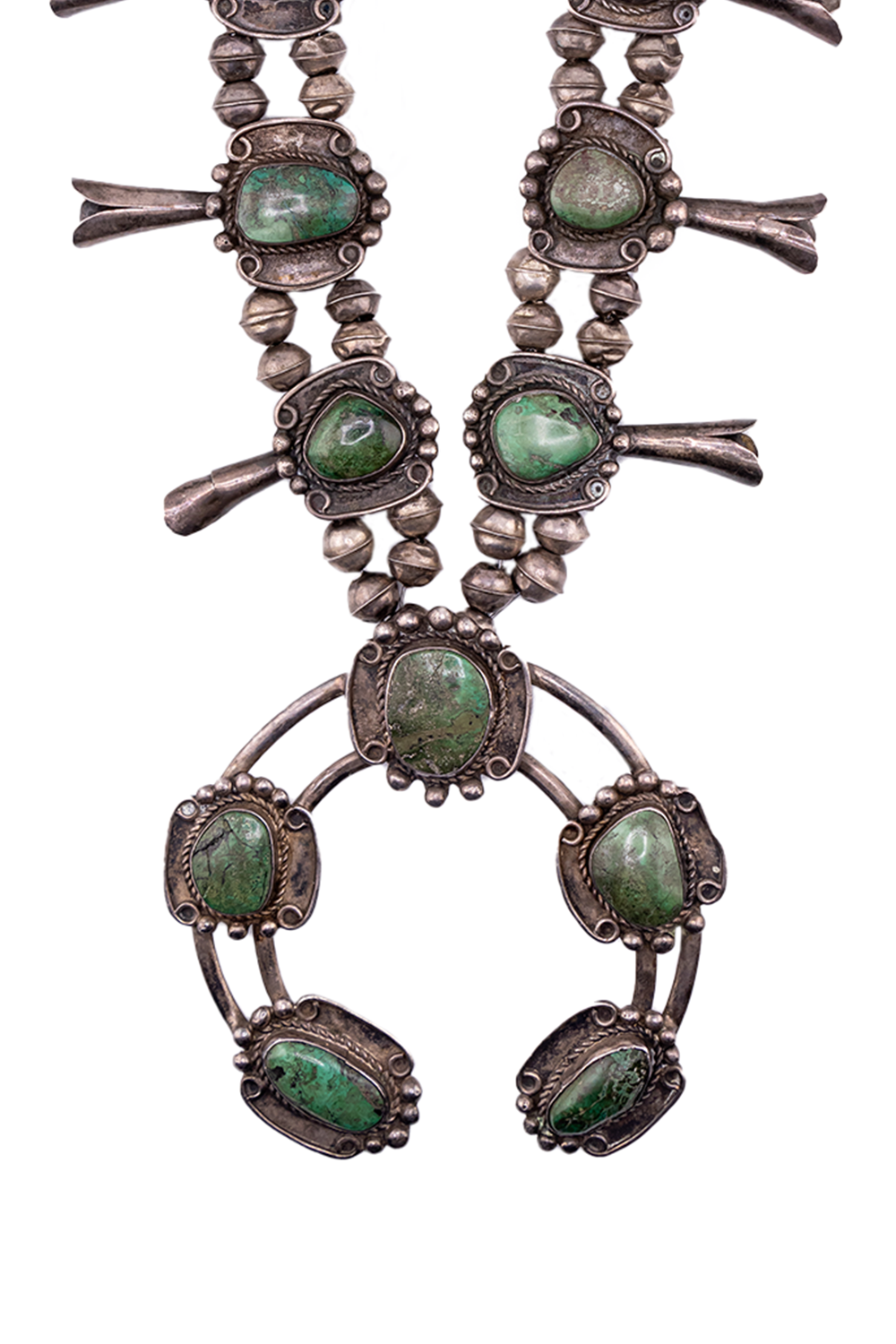 Very Old Navajo Carico Lake Turquoise Squash Blossom Necklace
