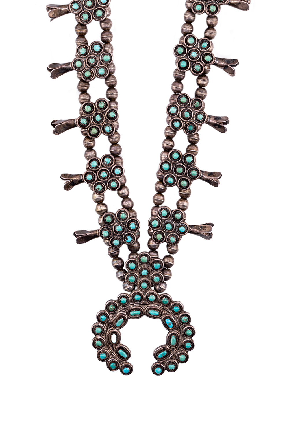 Fine Old Zuni Snake Eye Turquoise Squash Blossom Necklace