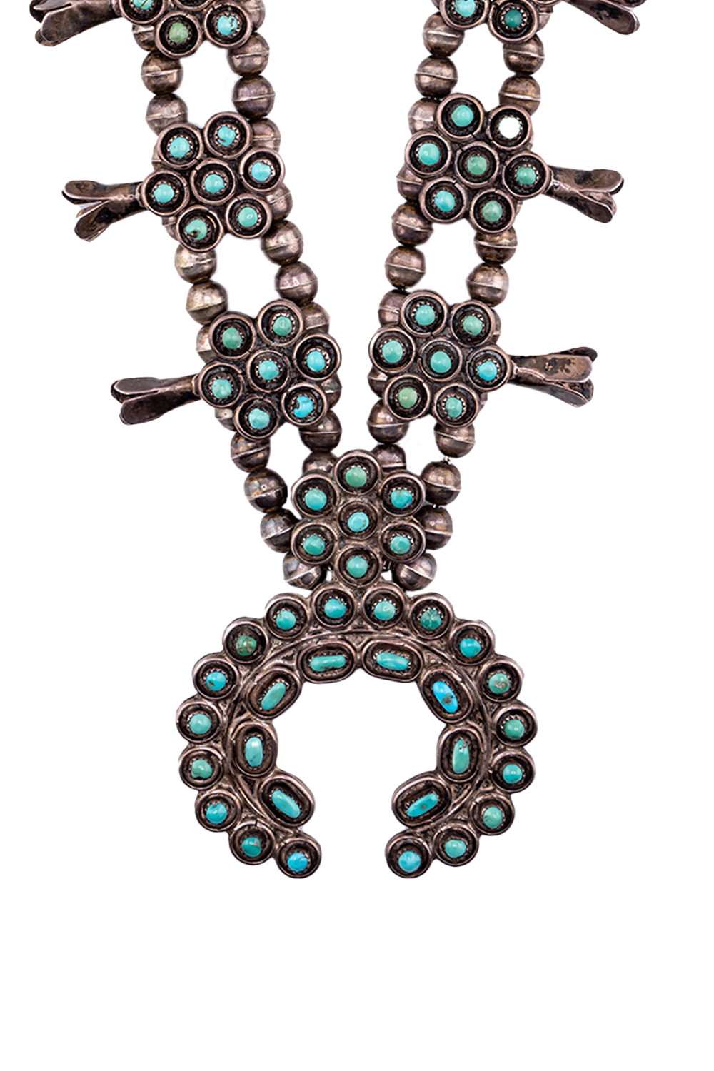 Fine Old Zuni Snake Eye Turquoise Squash Blossom Necklace