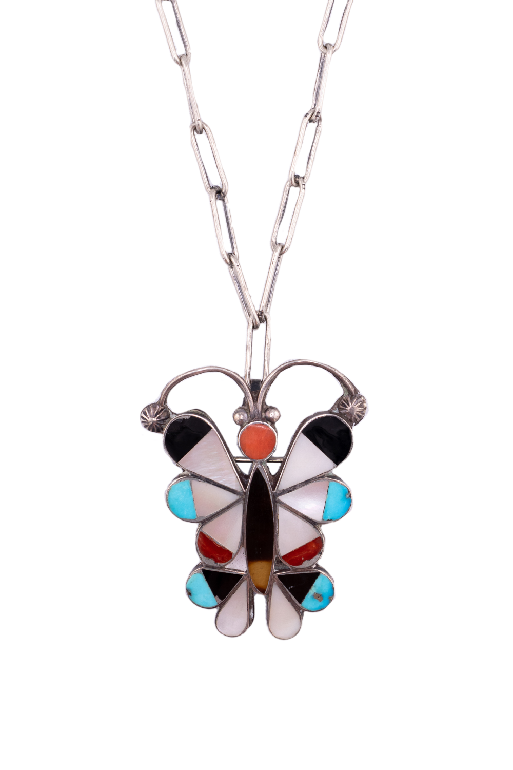 Zuni Inlaid Butterfly Pendant on Sterling Chain Necklace