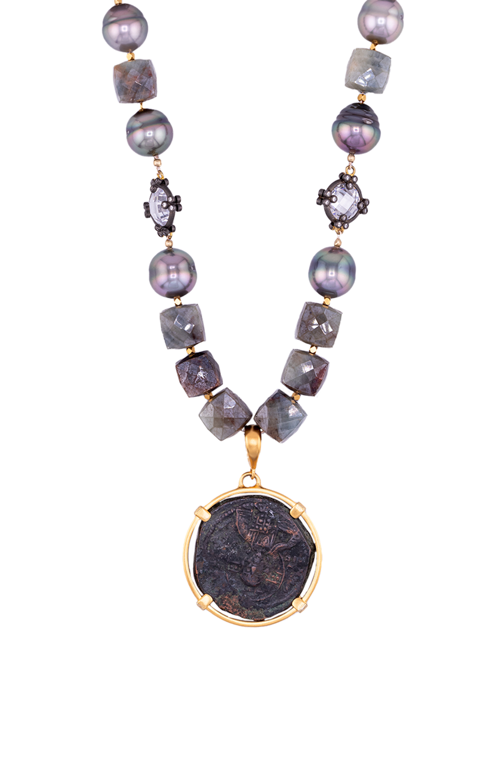 Christ King of Kings Coin Tahitian Pearl Sapphire Necklace