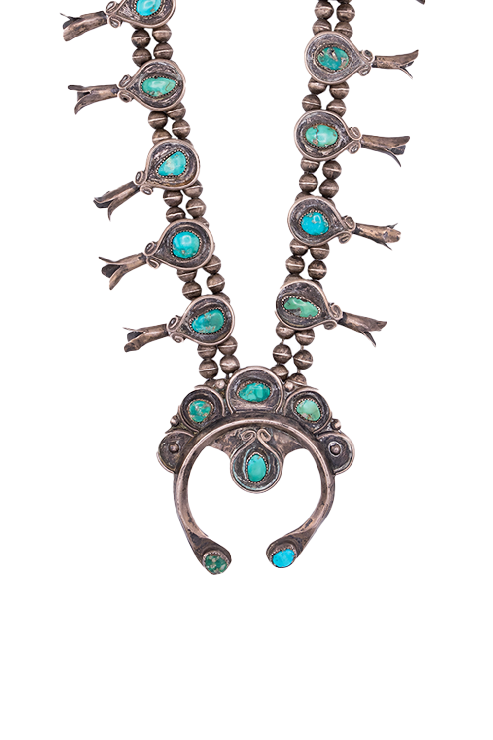 Navajo Old Pawn Squash Blossom Necklace Silver Beads With 12 Squash Blossoms And A Finely Figu Circa 1927