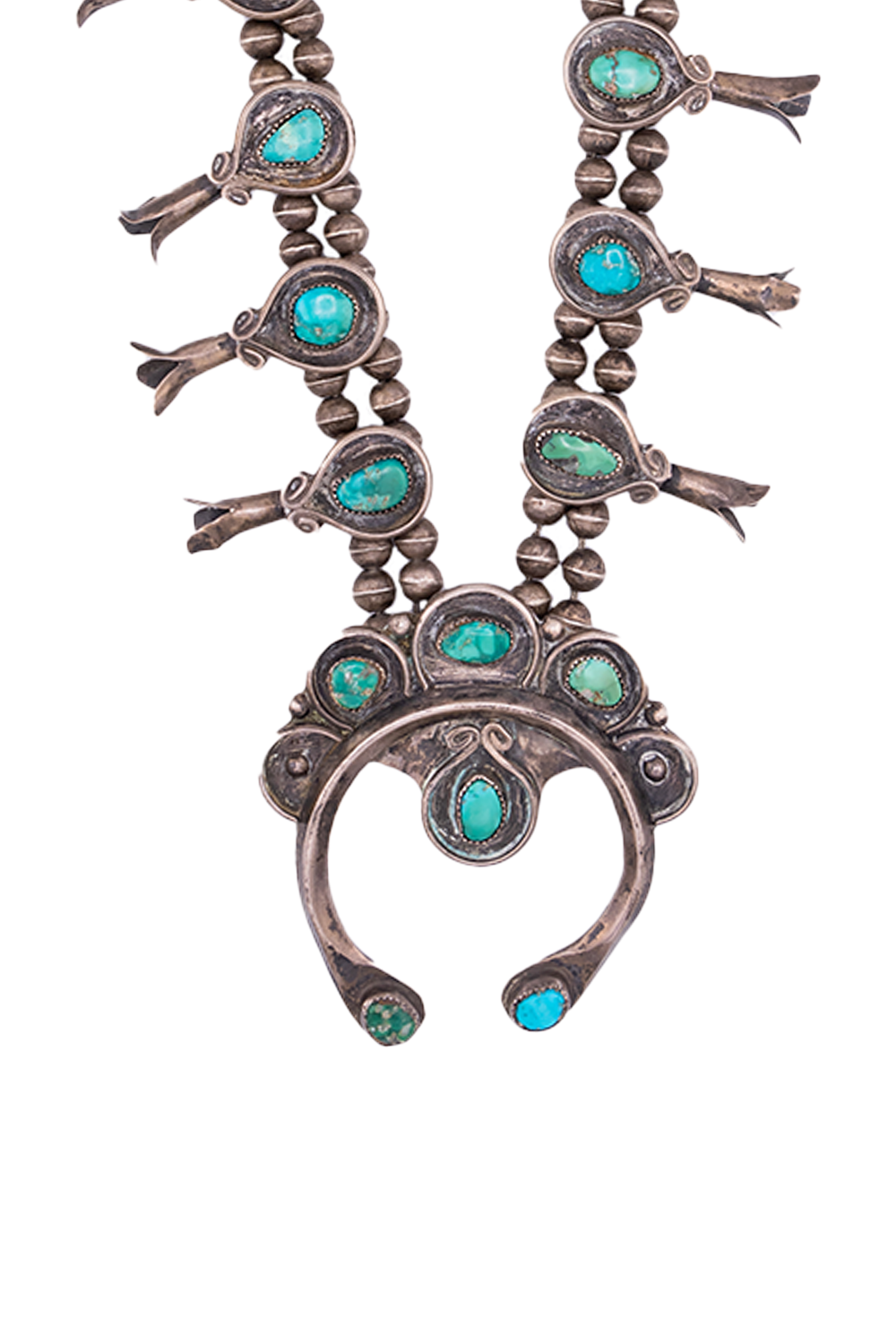 Navajo Old Pawn Squash Blossom Necklace Silver Beads With 12 Squash Blossoms And A Finely Figu Circa 1927
