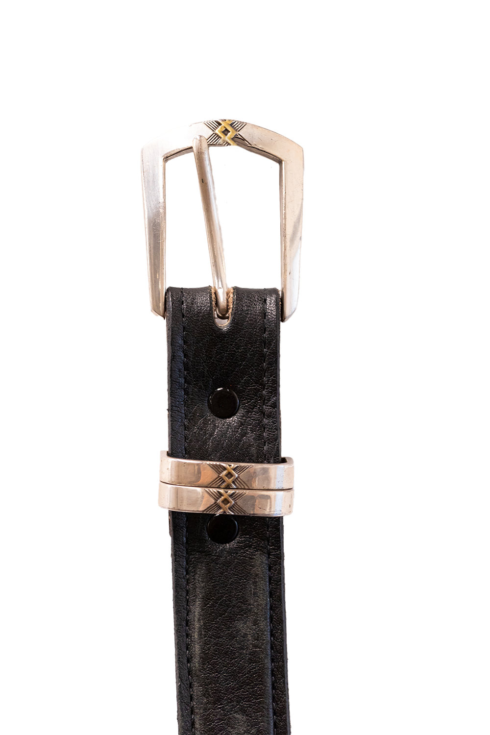 Black leather belt with silver hardware all around