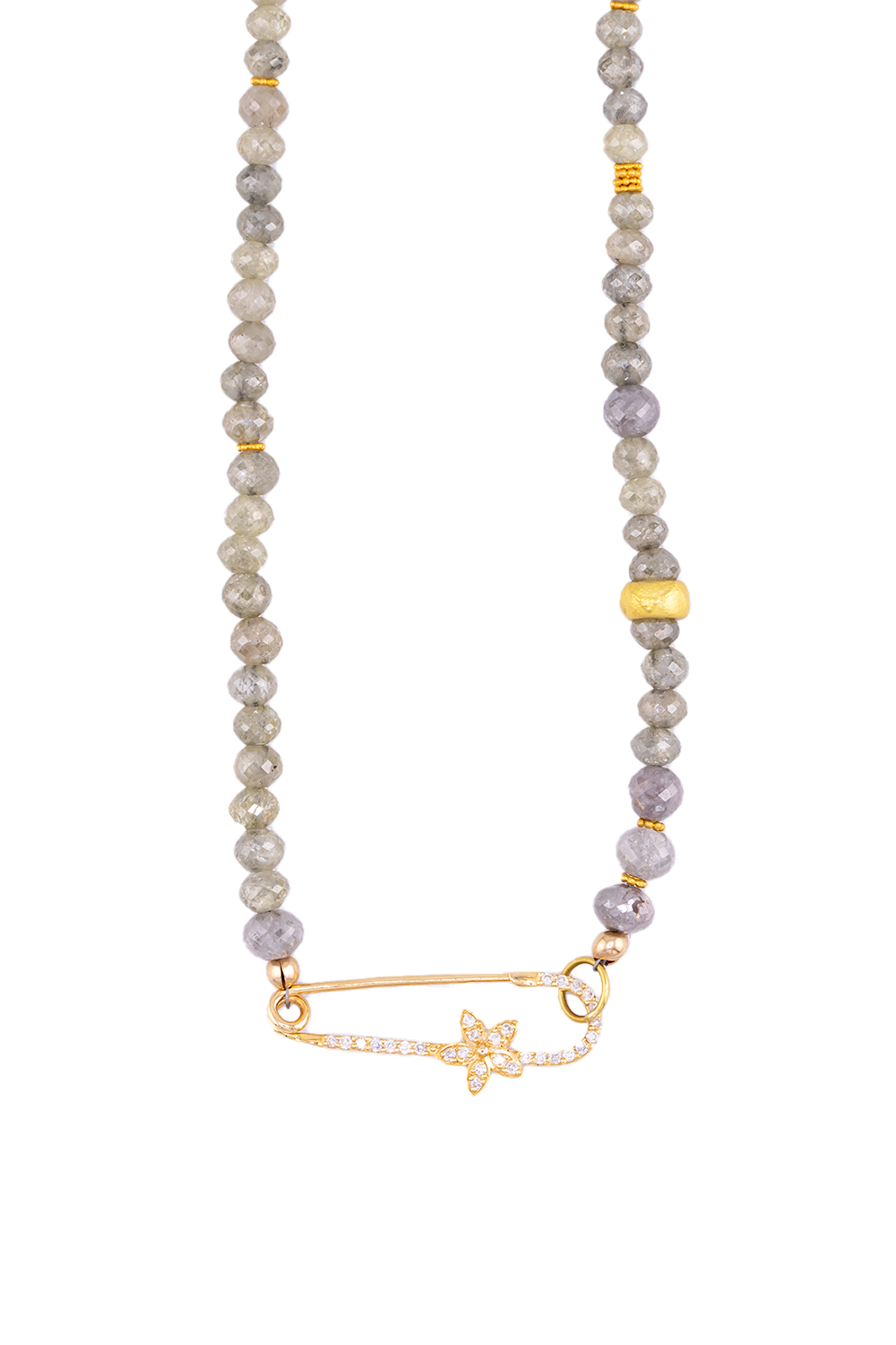 Faceted Gray Diamonds, Gold Beads, Diamond Flower Safety Pin Necklace