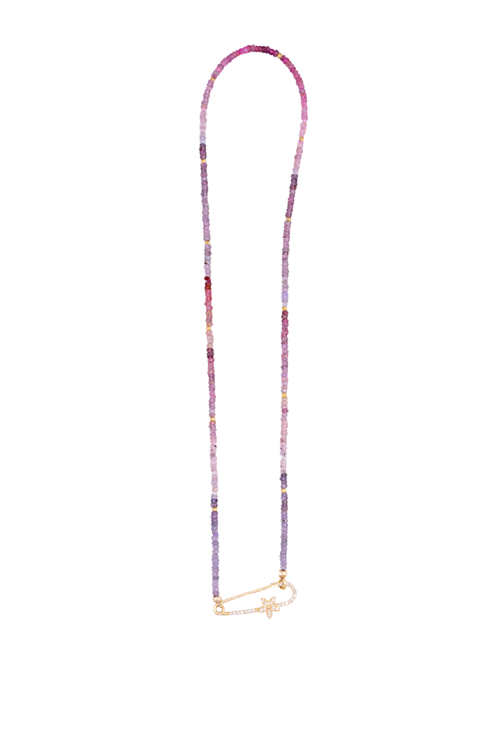 Ombre Multi Spinel, Gold Beads, Diamond Flower Safety Pin Necklace