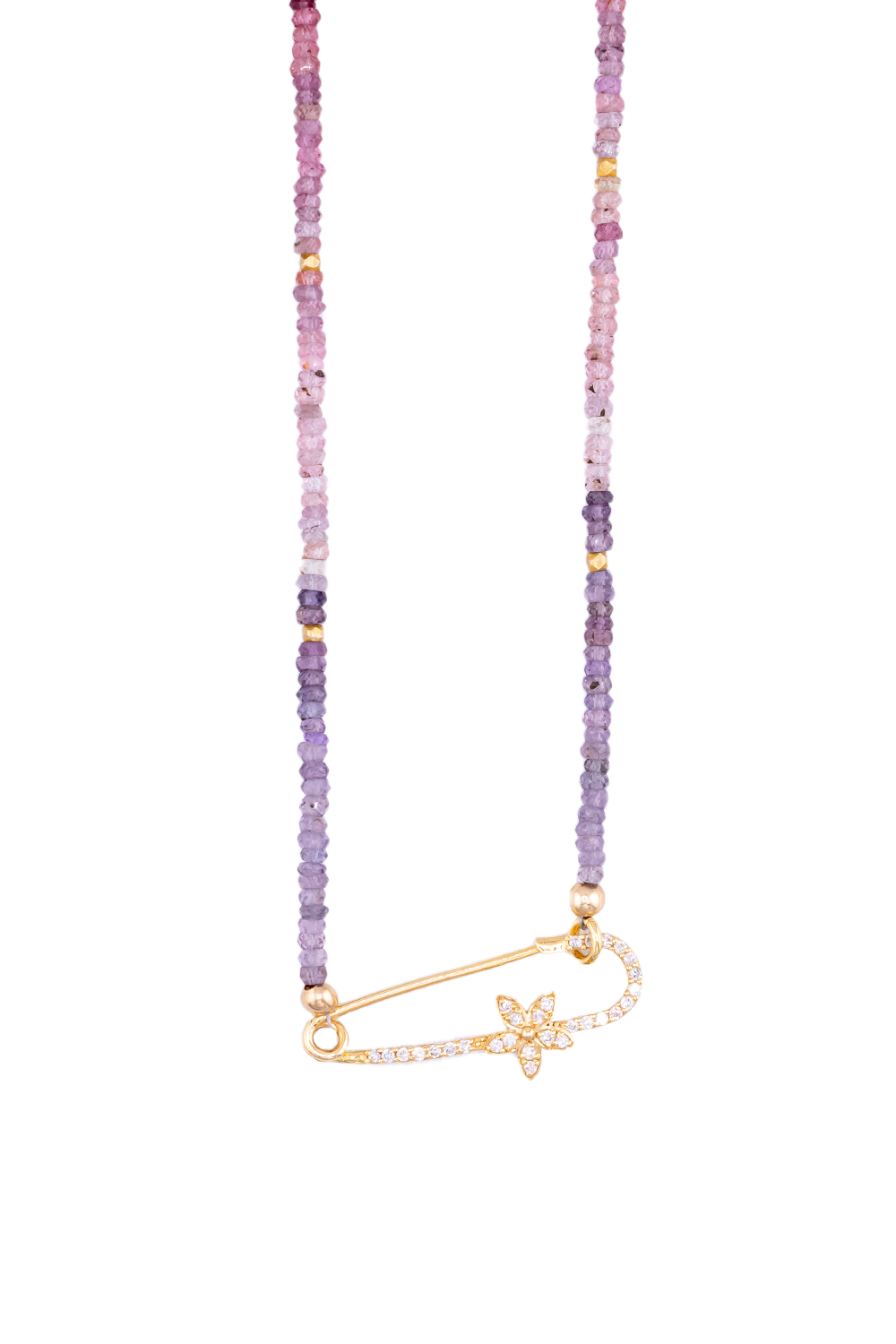 Ombre Multi Spinel, Gold Beads, Diamond Flower Safety Pin Necklace