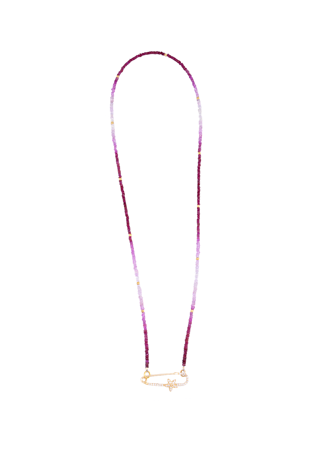Ombre Rubies, Gold Beads, Diamond Flower Safety Pin Necklace