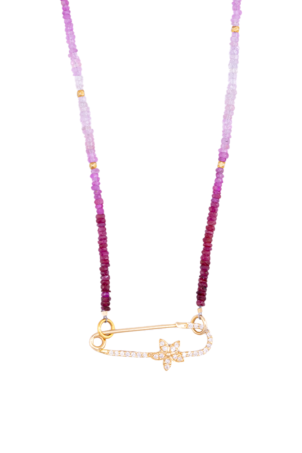 Ombre Rubies, Gold Beads, Diamond Flower Safety Pin Necklace