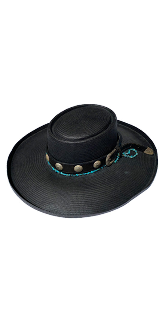 Black Pencil Roll Hat with  Antique Turquoise Hatband